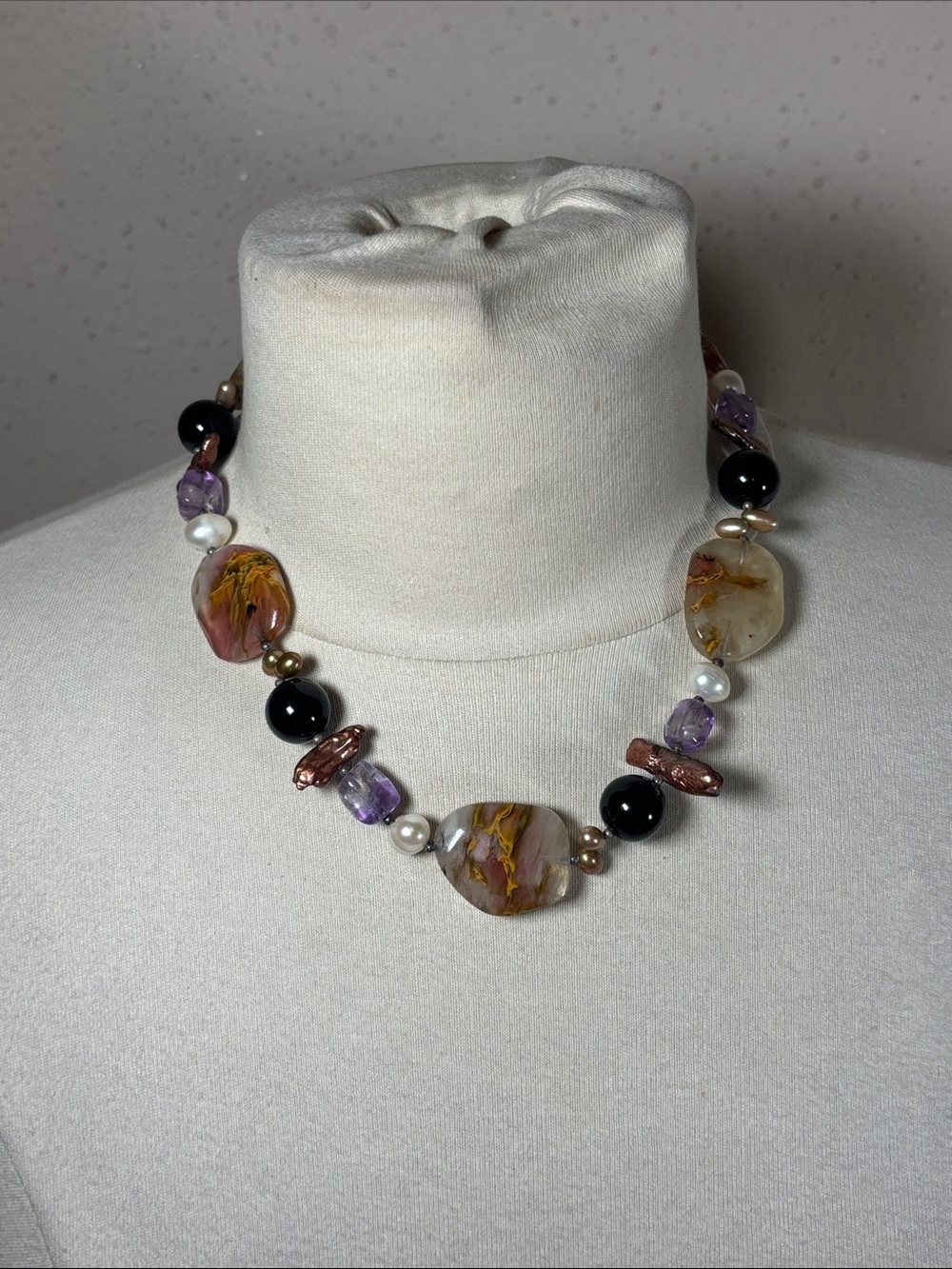 Multi Colored Textured Beaded Stone Necklace